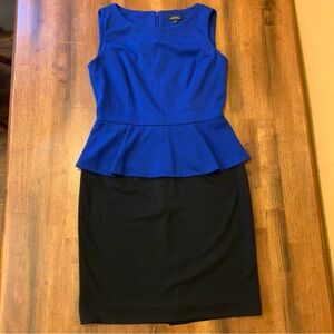 Tahari ASL Dress size 8 Blue Black Peplum Sleeveless Ruffle at Waist zip Back